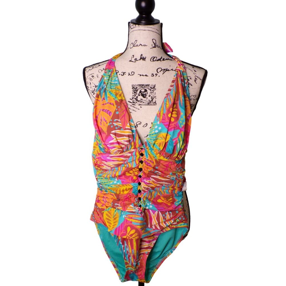 🆕 Bleu Rod Beattie The Heat Is On Halter One Piece Swimsuit Tropical Print 6 - Picture 4 of 5